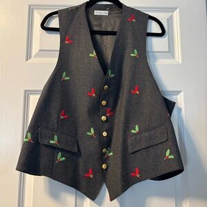 Vintage Gray Vest with Red and Green Embroidery
